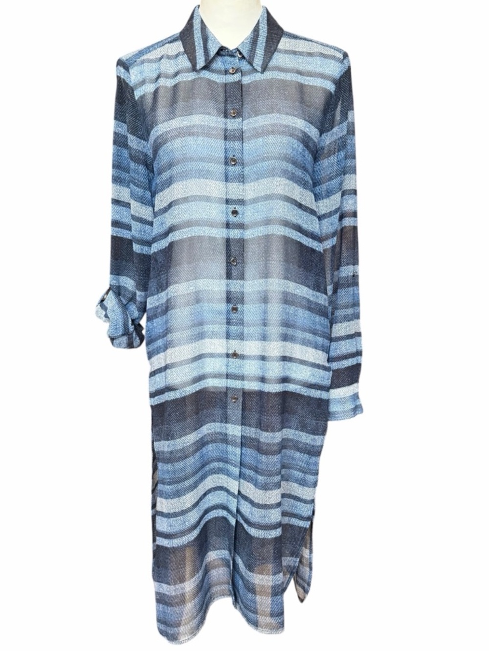 Two by Vince Camuto Swim Cover Up Size Small Blue Sheer Button Up Resortwear